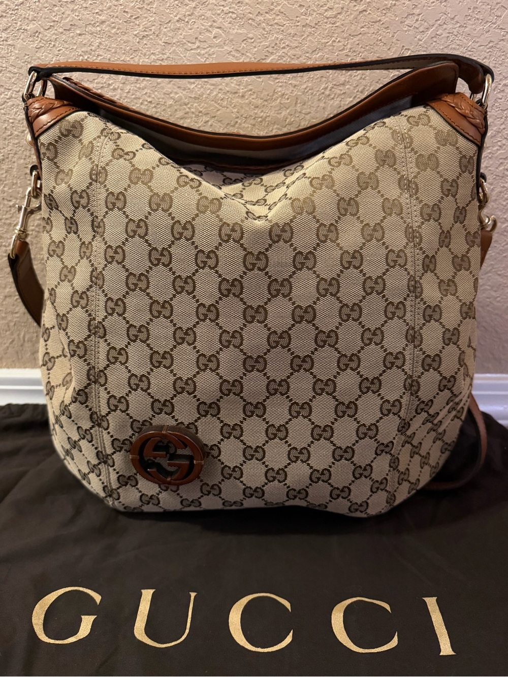 Gucci Brick Lane Hobo Beige Monogram Canvas Shoulder Bag with Brown Leather Trim